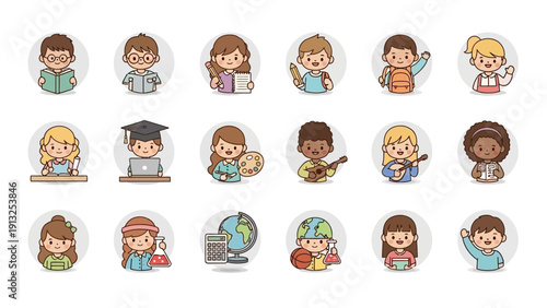 Cute cartoon children engaged in various learning activities and hobbies.