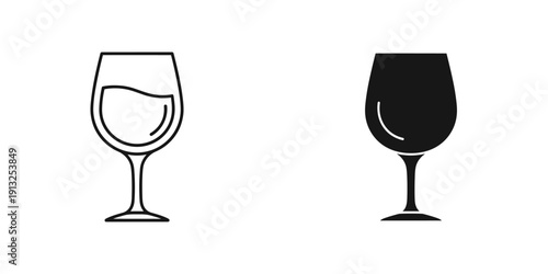 Clean and modern vector illustration of two wine glasses, one empty and one filled, perfect for restaurant menus, beverage ads, and elegant design projects.