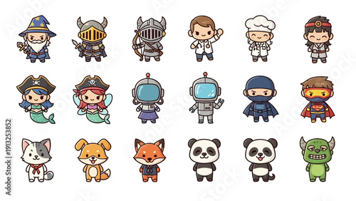 Collection of cute chibi characters including fantasy, animals, and professions.