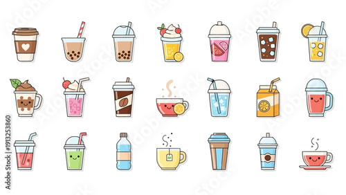 Collection of cute and kawaii beverage icons