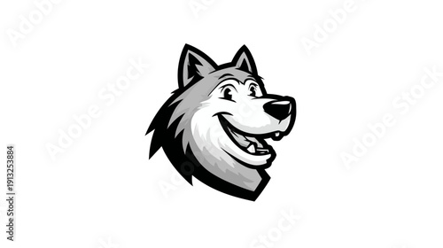 A smiling, cartoonish wolf's head, in grayscale, with detailed fur, teeth, and a happy expression