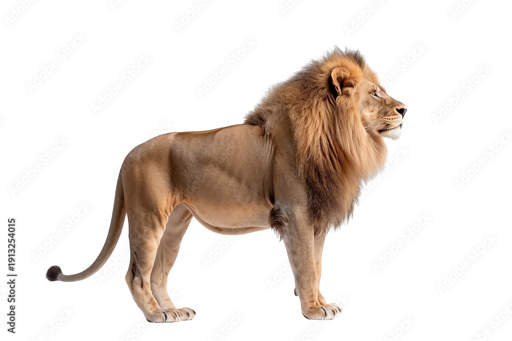 Fototapeta premium Majestic lion standing proudly, showcasing strength and elegance against a white isolated background.