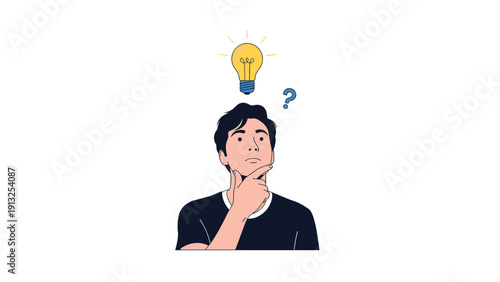 Thoughtful man looking up at a glowing light bulb and a question mark above his head, representing the process of finding an idea.