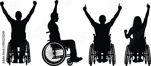 Silhouettes of people in wheelchairs raising arms in celebration, symbolizing empowerment, inclusivity, resilience, disability awareness, strength, unity, and motivational support concepts