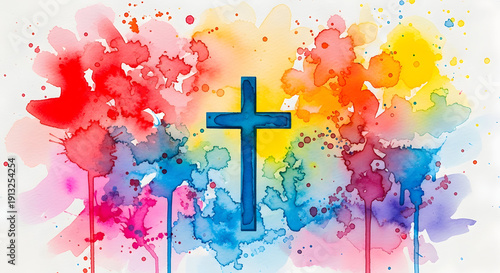 Colorful cross watercolor art christian background