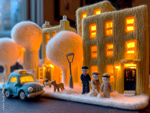 A miniature town made entirely of knitted materials. Small houses with yellow windows, trees, a yellow taxi, and knitted dolls of people and a dog waiting for a taxi on a snowy street.