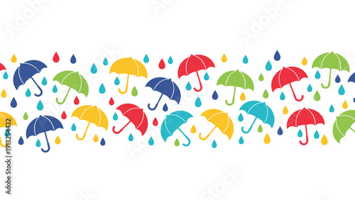 Cheerful border pattern featuring colorful umbrellas and falling raindrops symbolizing rainy weather and protection from the elements.