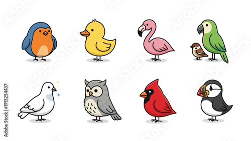 Set of various cute cartoon birds vector illustration