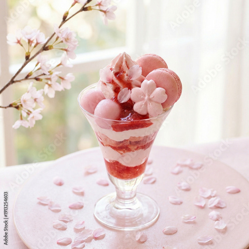 桜のパフェ マカロンと白玉を添えた春のスイーツ
