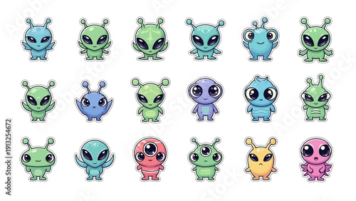 A vibrant collection of cute cartoon alien characters on a white background.