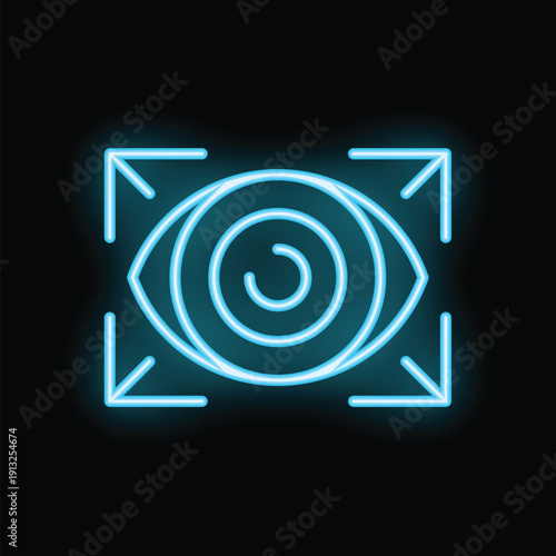 Blue neon icon of an eye with arrows pointing outwards representing the concept of expanding one's horizons