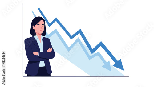 Professional businesswoman looking worried and disappointed while standing in front of a blue line graph showing a downward trend.