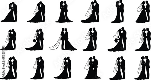 Silhouettes of wedding couples in romantic poses including kissing, embracing, holding hands, and bouquet moments representing love, marriage, romance, ceremony, and celebration concepts