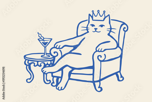 Cat with crown in armchair and cocktail naive vector illustration