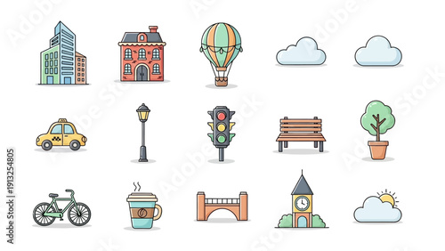 Cartoon style city and travel icons set on white background