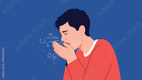 Man in a red shirt covering his mouth while coughing or sneezing against a dark blue background with wind swirls.