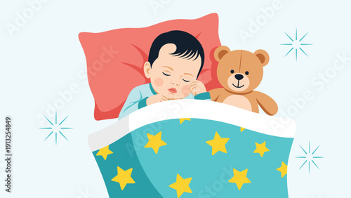 Peaceful baby sleeping soundly in bed with a cute teddy bear under a starry blue blanket with a red pillow behind their head.