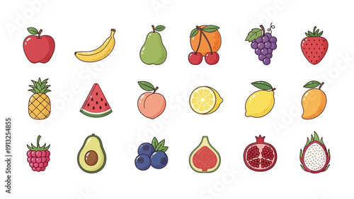 Colorful and diverse collection of fresh cartoon fruit icons.