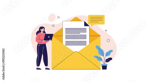 Young woman holding a laptop while standing next to a giant yellow envelope with a professional document coming out of it.