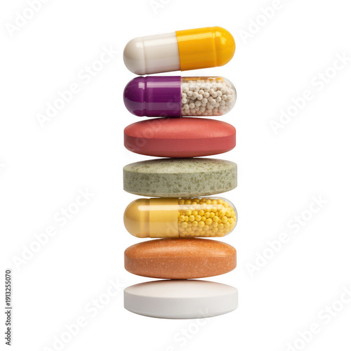 Stacked pills and capsules in different colors on black medicine pharmaceuticals colorful isolated on a transparent background