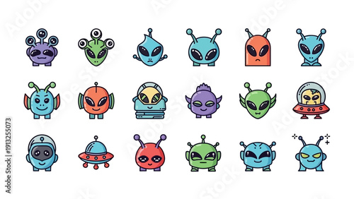 Set of cute cartoon aliens and UFOs.