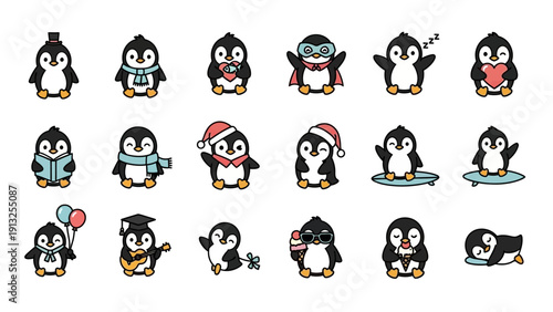Collection of cute cartoon penguins doing various activities.