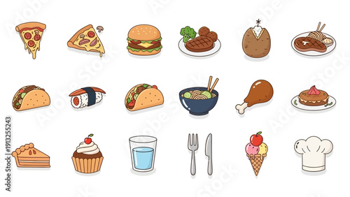 Collection of delicious food icons in a simple cartoon style