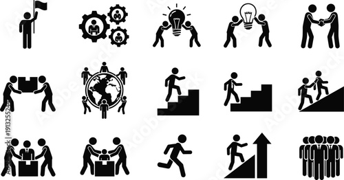 Business Teamwork Icon Set with Collaboration, Leadership, Partnership, Growth, Support, and Achievement Pictogram Vector Illustration for Corporate Strategy and Management Concept Design