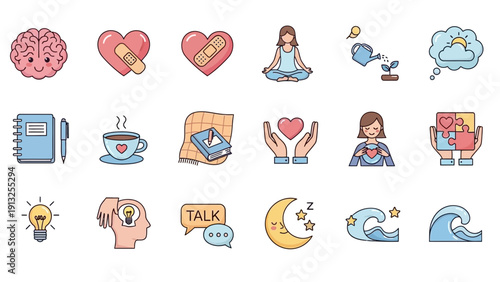 Collection of icons representing mental health and self care concepts.