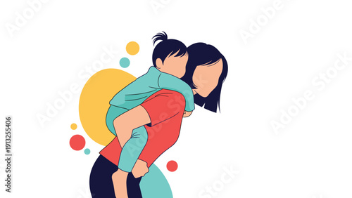 Tender moment of a mother or woman giving a young child a joyful piggyback ride against a playful background of colorful circles.