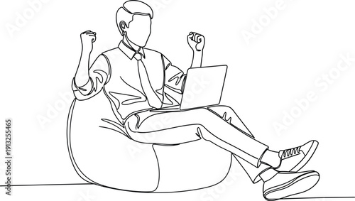 Businessman Sitting on Bean Bag Using Laptop Celebrating Success Minimal Line Art Vector for Remote Work, Freelancing, Achievement, Productivity, and Modern Workspace Concept Design