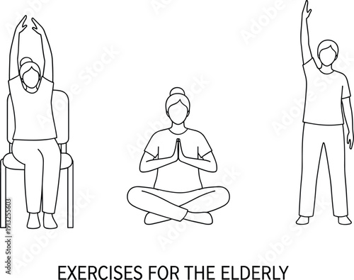 Elderly People Performing Chair Yoga, Stretching, and Meditation Exercises Minimal Line Art Vector for Senior Fitness, Physiotherapy, Wellness, and Healthy Aging Lifestyle Design
