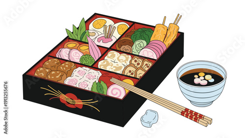 Traditional Japanese New Year food in a divided lacquer box served with a bowl of ozoni soup and chopsticks for a festive holiday meal.
