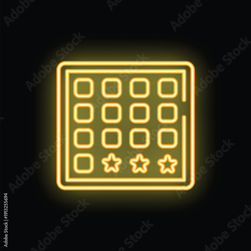 Yellow glowing neon icon of a password protected device with stars, isolated on black background