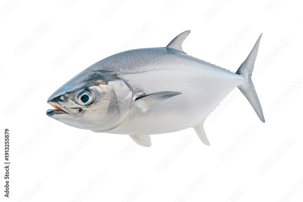 Fototapeta premium Silver fish with detailed features isolated on a white background.