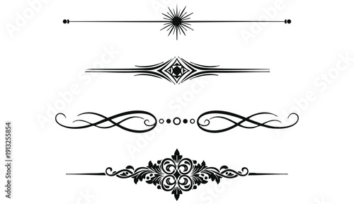 A set of four ornate, decorative divider lines are presented against a stark white background, each with a distinct Victorian-inspired aesthetic
