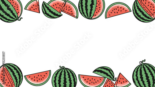Refreshing summer watermelon slices and whole fruits are arranged in a decorative frame layout on a clean white background.
