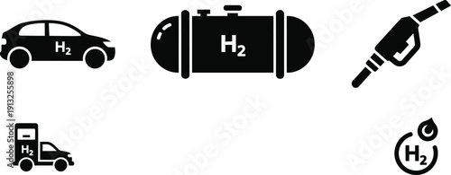 Eco Friendly Hydrogen Powered Transport and Green Fuel Icons