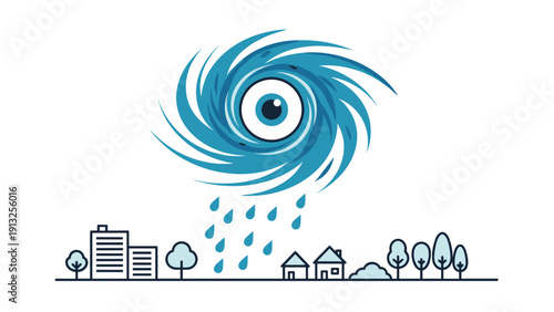 Destructive hurricane with a large eye is depicted as a cartoon illustration swirling over a small village during a rainstorm.