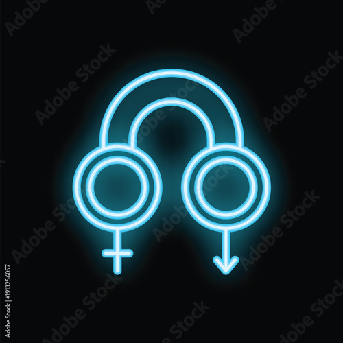 Neon blue illustration of the male and female gender symbols joined by an arch on a black background