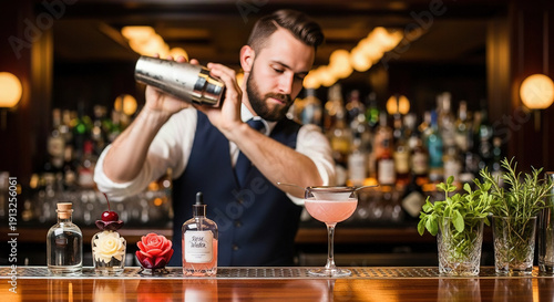 Bartender crafting a rose water cocktail in a modern bar setting