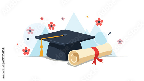 Black graduation cap with a yellow tassel placed next to a rolled diploma with a red ribbon and floral decorations.