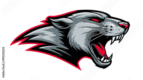 A snarling predator head, gray and black tones with red accents, set against a white backdrop