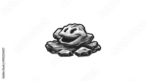 A smiling, grayscale illustration of a cartoon rock with a happy face