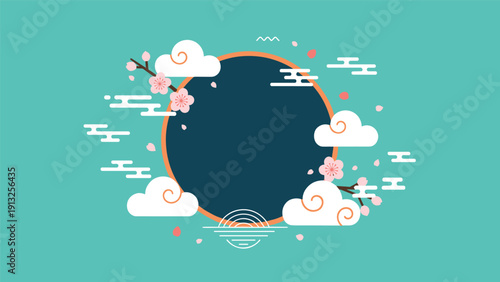 Elegant circular frame with a dark background decorated with pink cherry blossoms white clouds and Japanese style patterns.