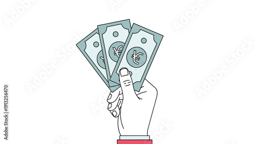 Person holding three light blue banknotes with the yen or yuan currency symbol in their hand against a white background.