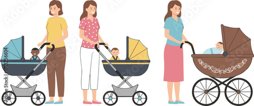  Cute Cartoon Mothers with Baby Strollers Vector Set in Diverse Outfits and Prams for Motherhood Parenting Baby Shower and Family Life Illustrations
