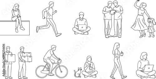 People Daily Activities Collection Including Walking Running Cycling Working with Laptop Family Interaction and Pet Care Minimal Line Art Vector Lifestyle Illustration Set
