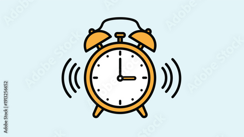 Simple orange alarm clock with ringing motion lines and the hands pointing to three o'clock on a light blue background.