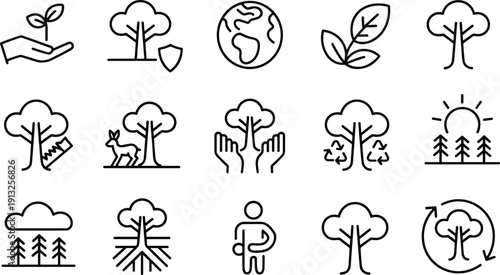 Environmental conservation line icon set with tree protection, reforestation, recycling, wildlife, and sustainable ecology symbols